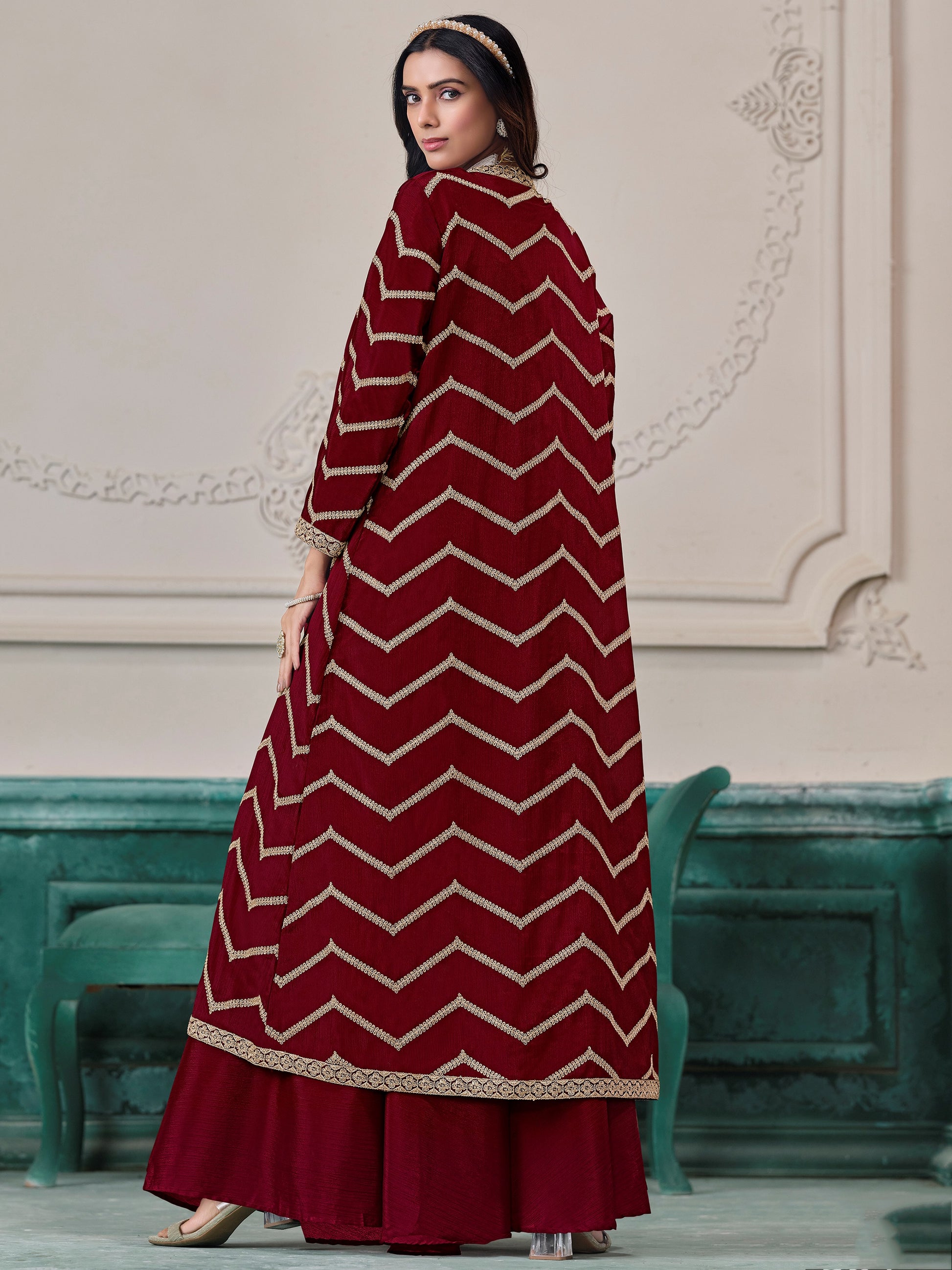 Beautiful Maroon Embroidery Chinon Event Wear Palazzo Suit With Shrug 
