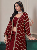 Beautiful Maroon Embroidery Chinon Event Wear Palazzo Suit With Shrug 