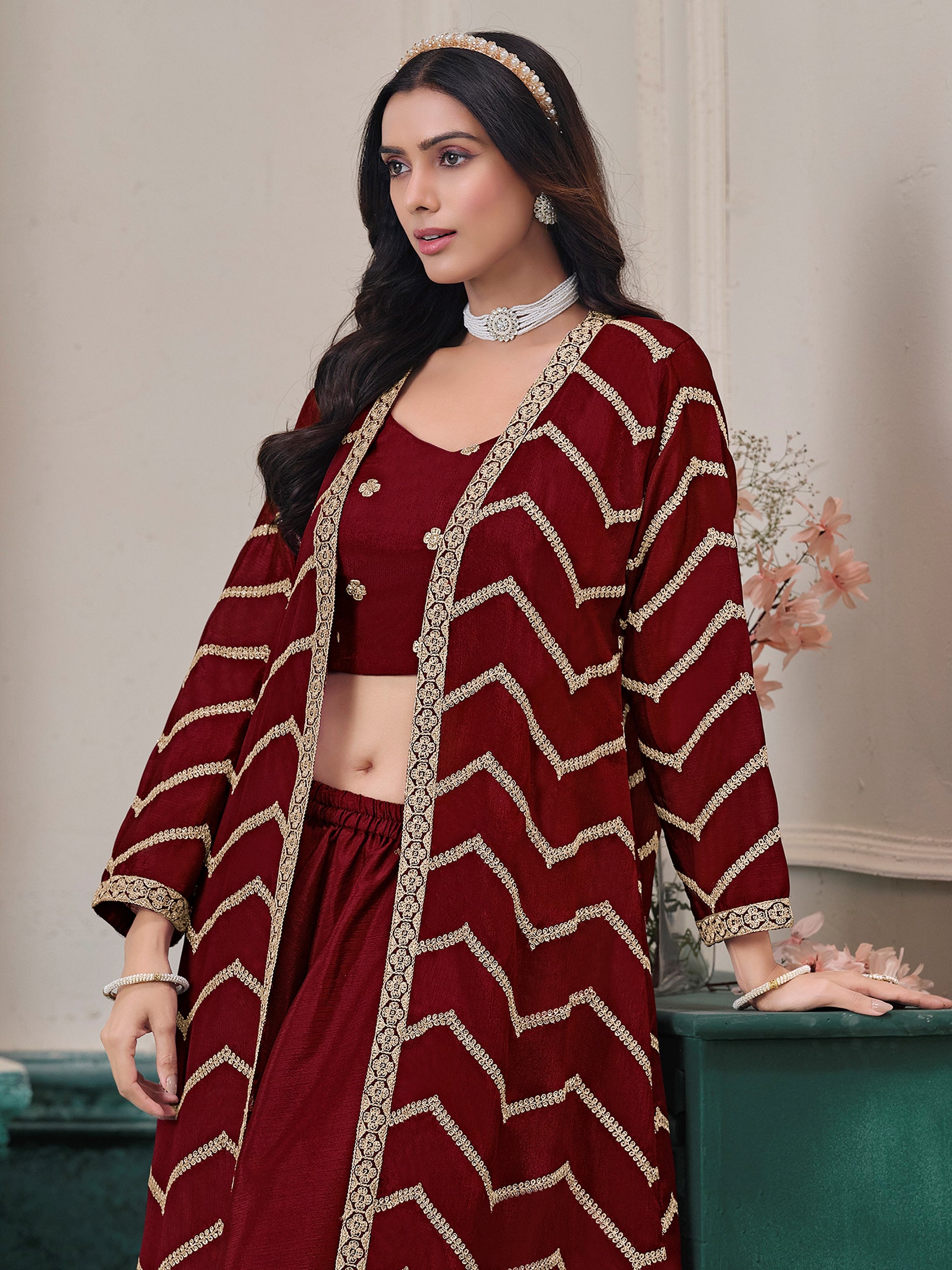 Beautiful Maroon Embroidery Chinon Event Wear Palazzo Suit With Shrug 