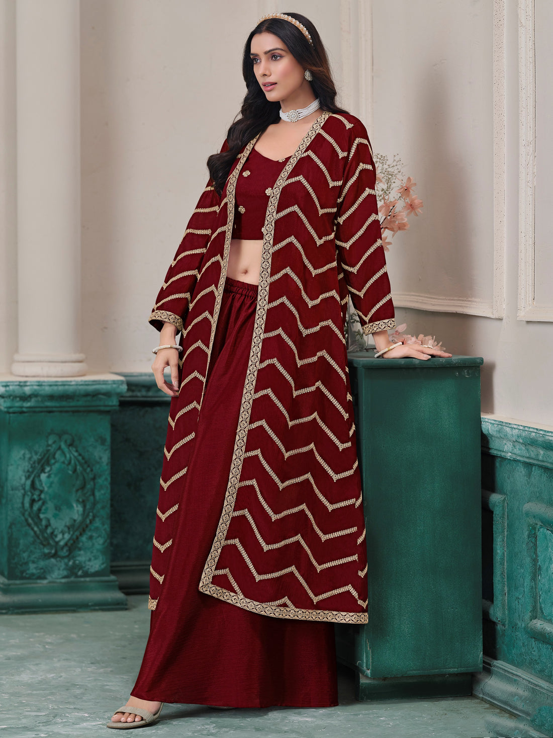 Beautiful Maroon Embroidery Chinon Event Wear Palazzo Suit With Shrug 