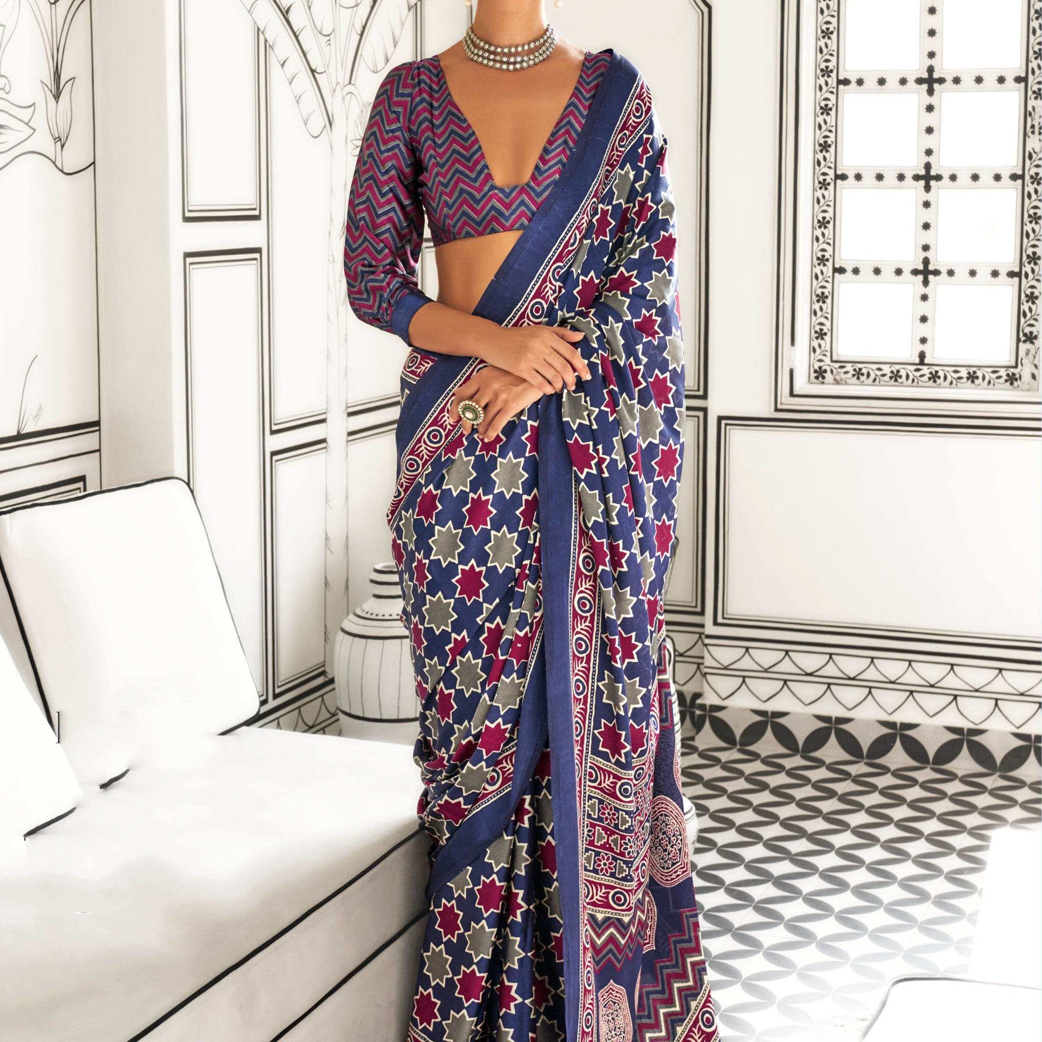 Awesome Purple Printed Satin Casual Wear Saree With Blouse