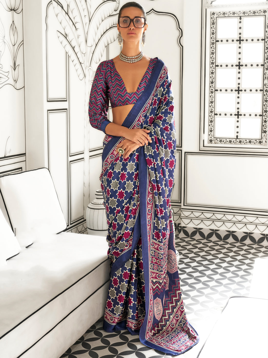 Awesome Purple Printed Satin Casual Wear Saree With Blouse
