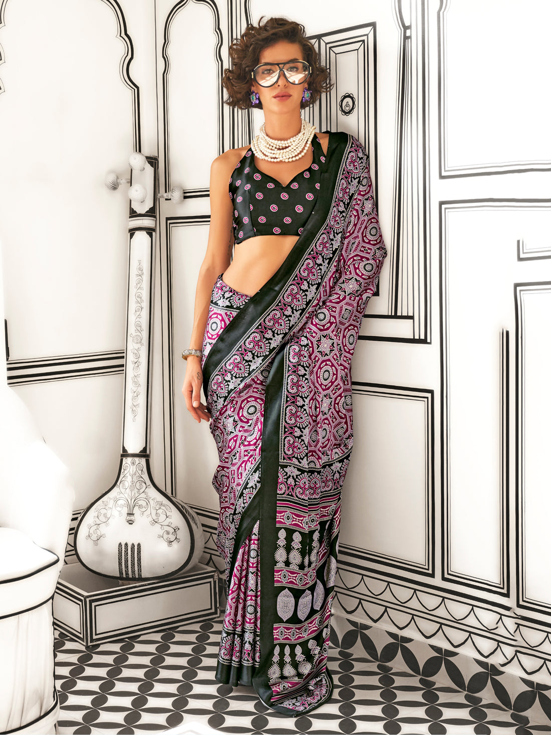 Incredible Wine Digital Printed Satin Event Wear Saree With Blouse