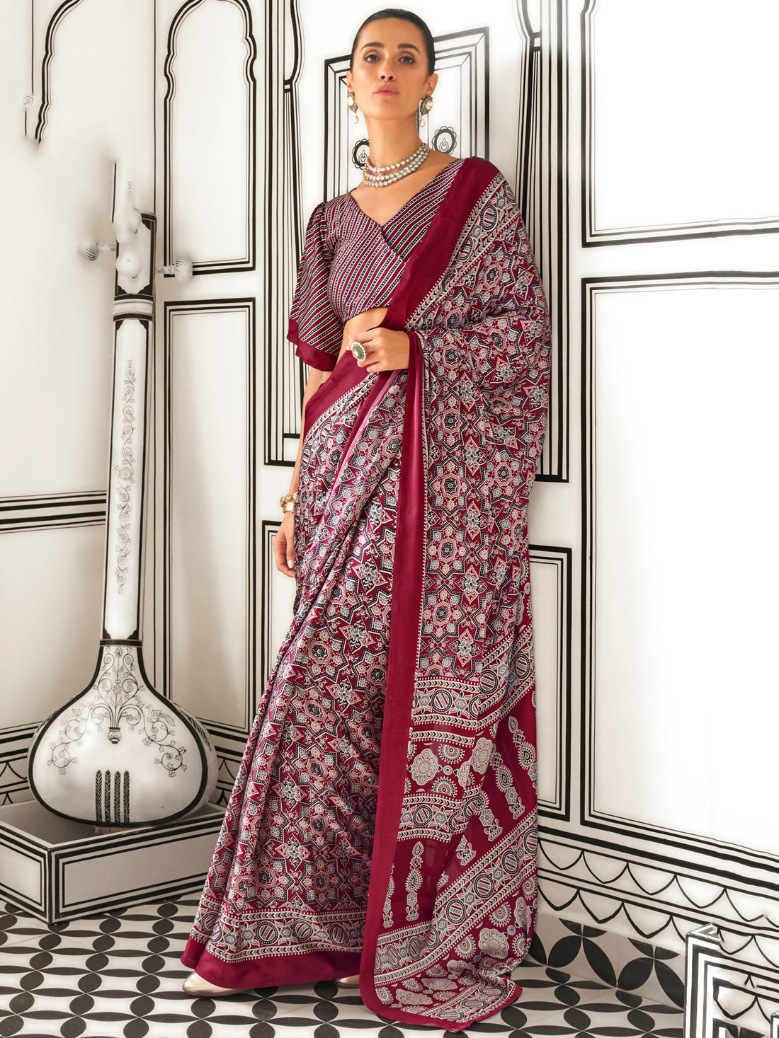 Fantastic Maroon Digital Printed Satin Event Wear Saree With Blouse