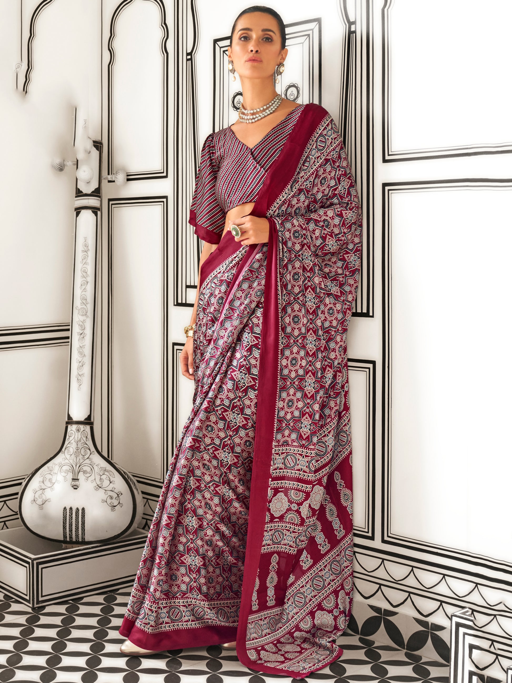 Fantastic Maroon Digital Printed Satin Event Wear Saree With Blouse