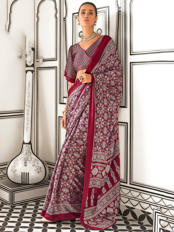 Fantastic Maroon Digital Printed Satin Event Wear Saree With Blouse