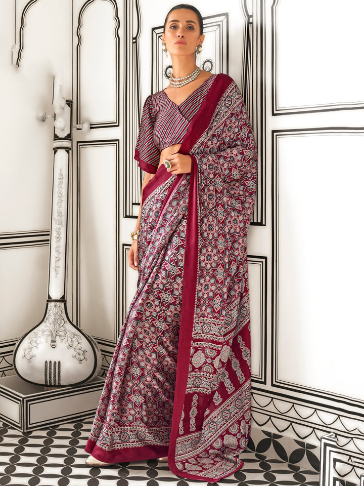 Fantastic Maroon Digital Printed Satin Event Wear Saree With Blouse