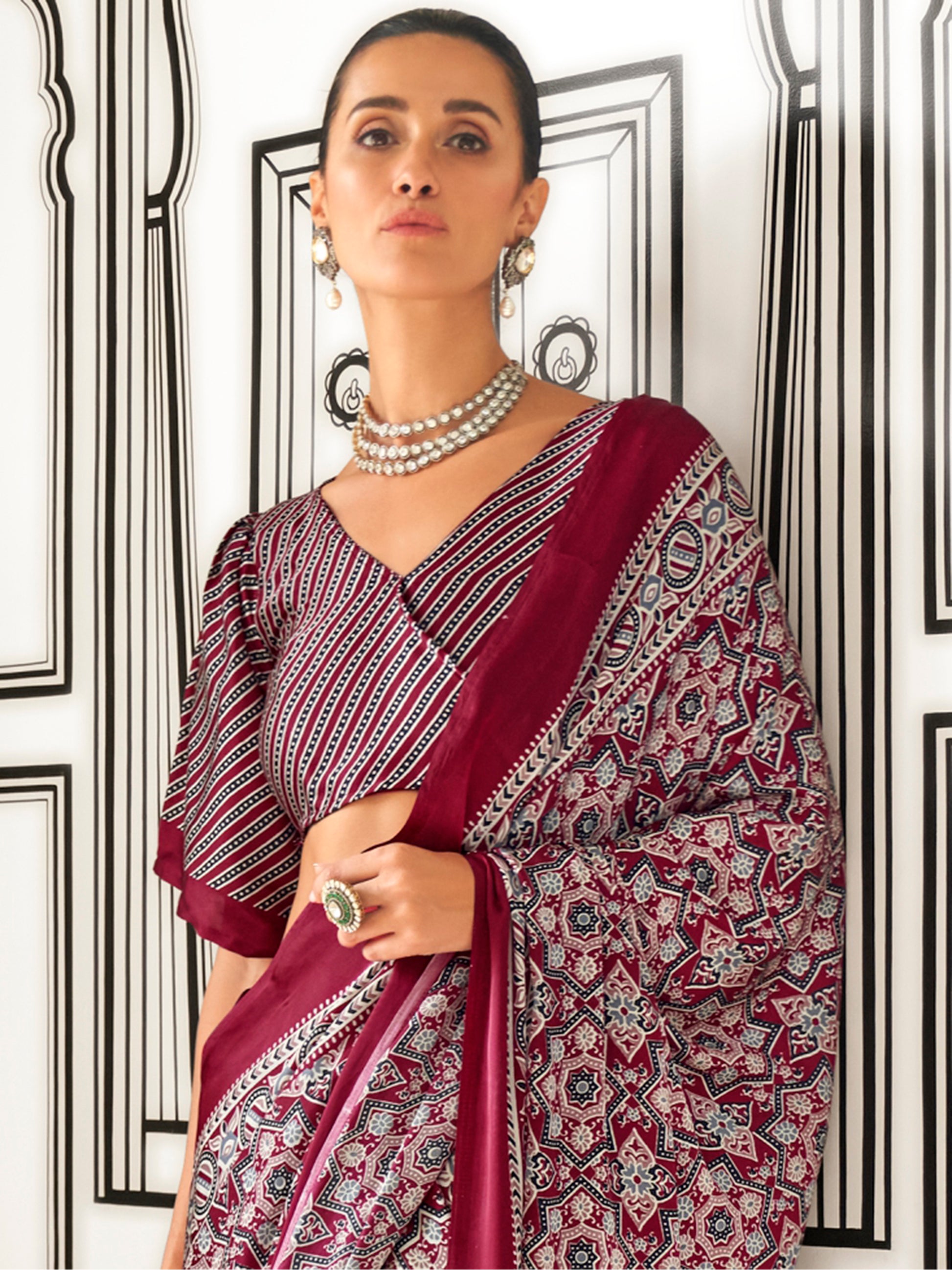 Fantastic Maroon Digital Printed Satin Event Wear Saree With Blouse