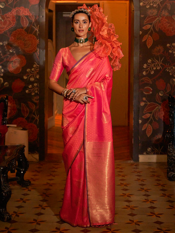 Adorable Pink Zari Weaving Silk Event Wear Saree With Blouse