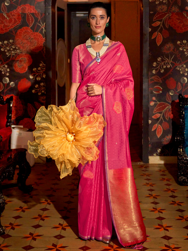 Alluring Pink Zari Weaving Silk Event Wear Saree With Blouse