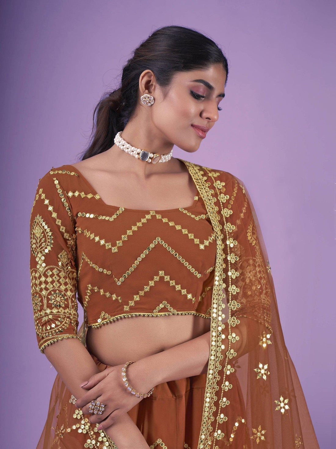 Beautiful Orange Sequins Georgette Wedding Wear Lehenga Choli
