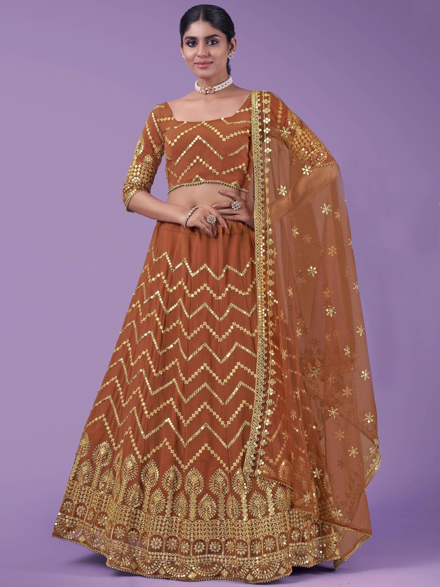 Beautiful Orange Sequins Georgette Wedding Wear Lehenga Choli