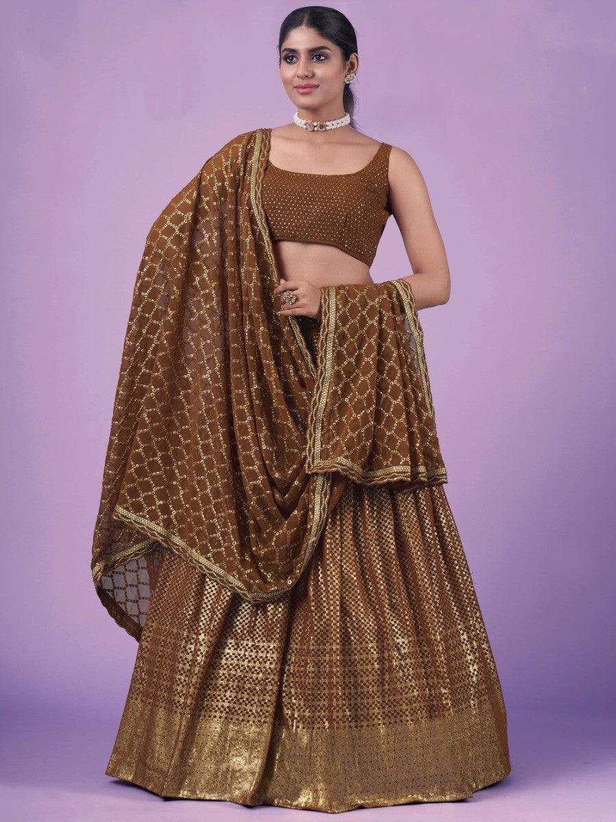 Stunning Brown Zari Georgette Wedding Wear Lehenga Choli
