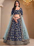 Amazing Navy Blue Sequins Silk Reception Wear Lehenga Choli With Dupatta