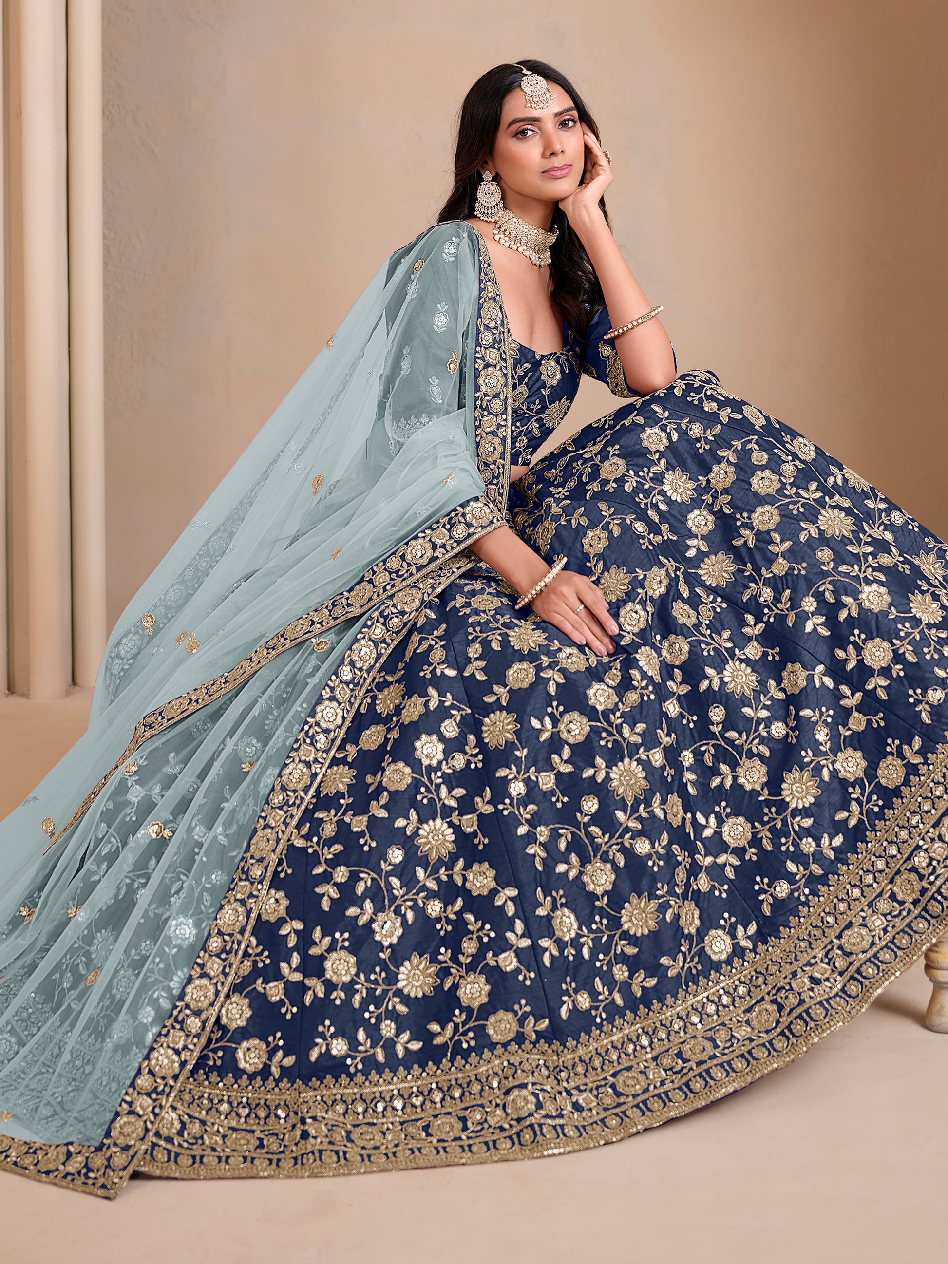 Amazing Navy Blue Sequins Silk Reception Wear Lehenga Choli With Dupatta