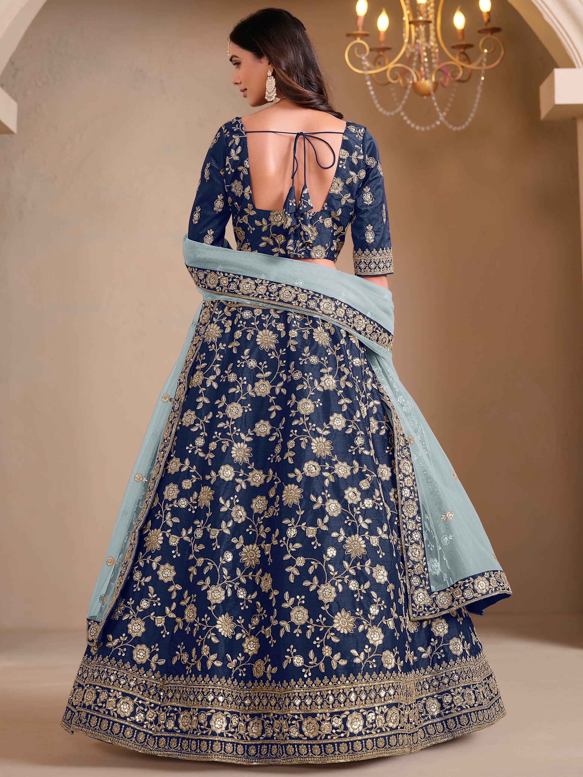 Amazing Navy Blue Sequins Silk Reception Wear Lehenga Choli With Dupatta