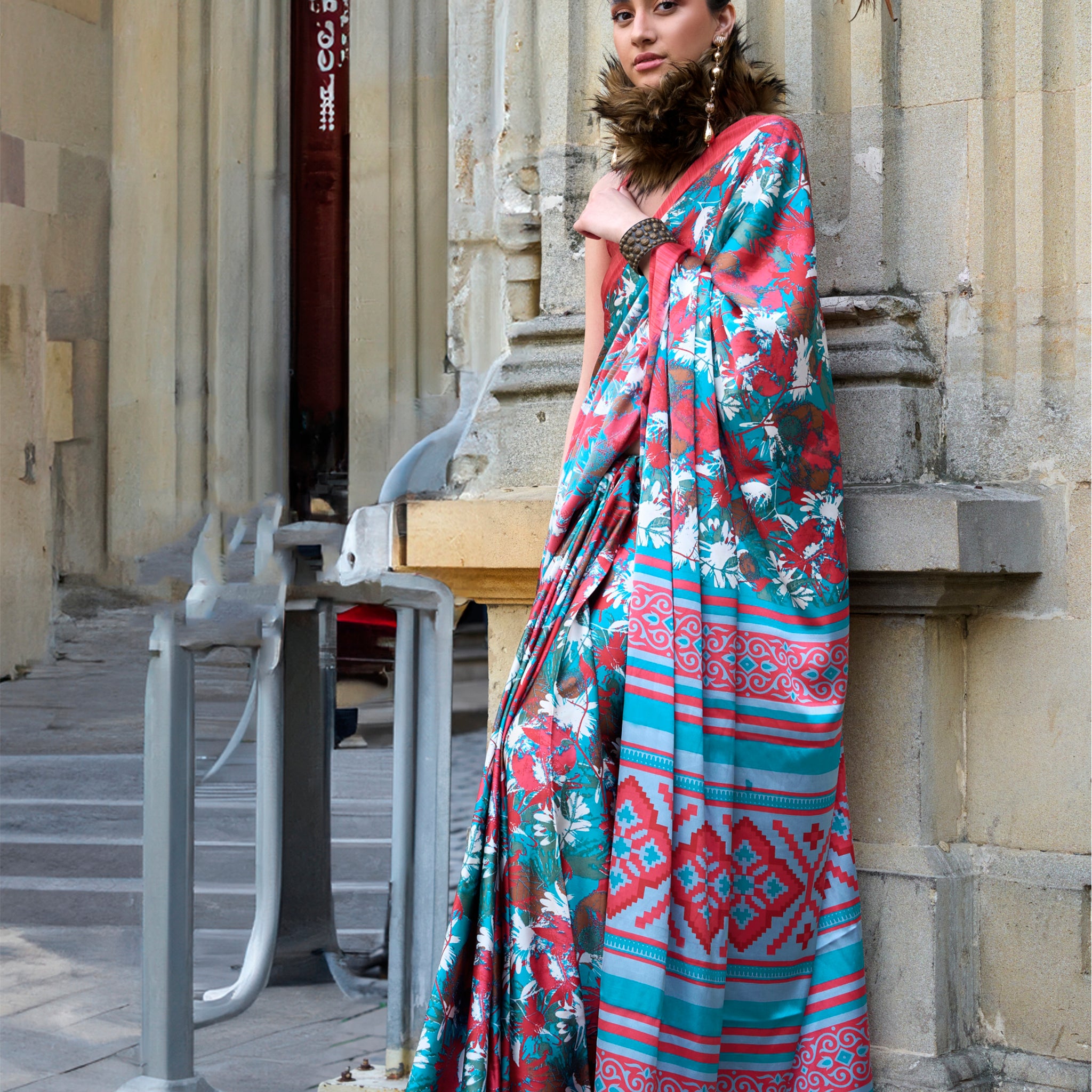 Stunning Sky-Blue Printed Satin Casual Wear Saree With Blouse