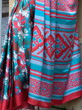 Stunning Sky-Blue Printed Satin Casual Wear Saree With Blouse