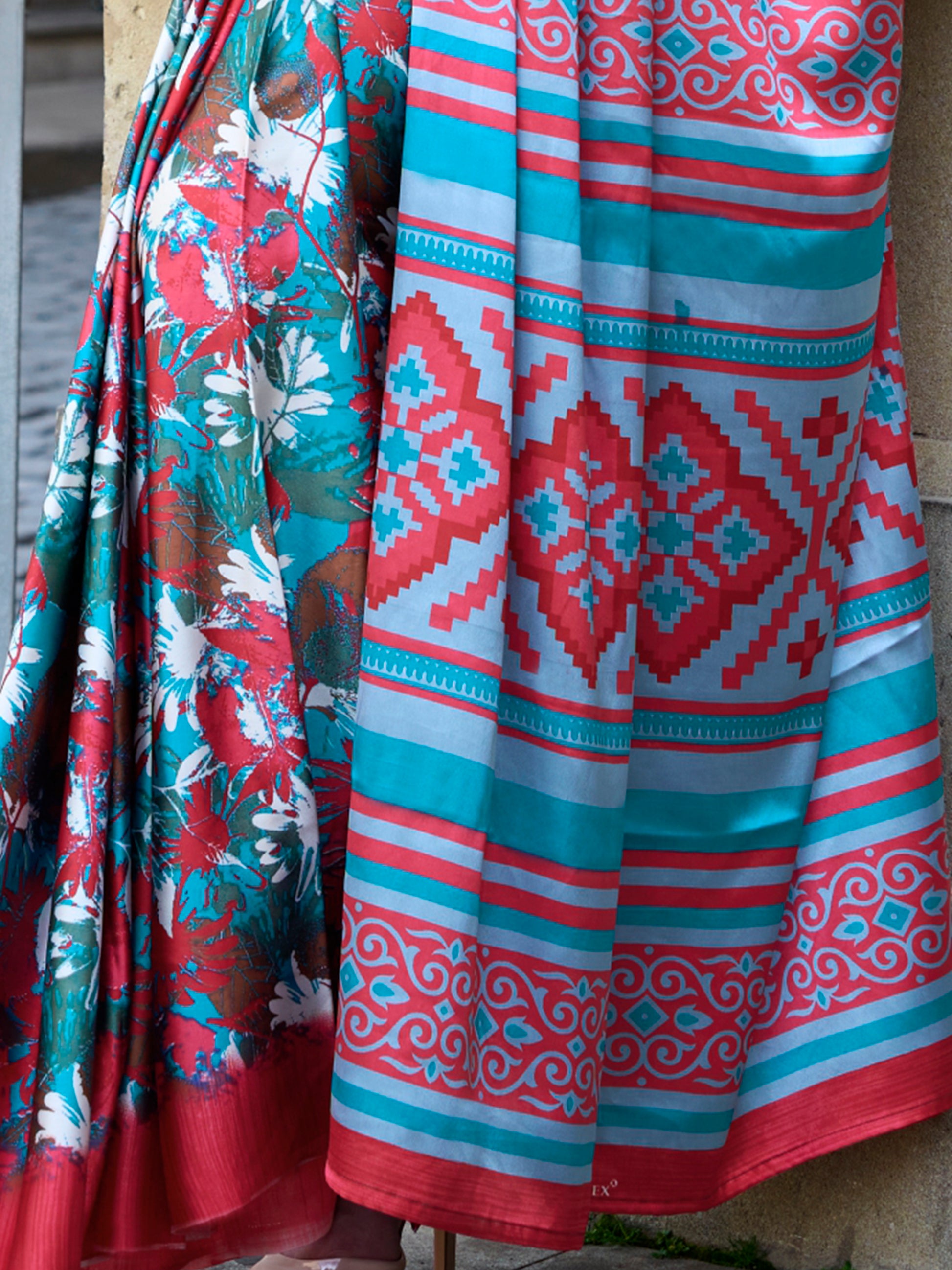 Stunning Sky-Blue Printed Satin Casual Wear Saree With Blouse
