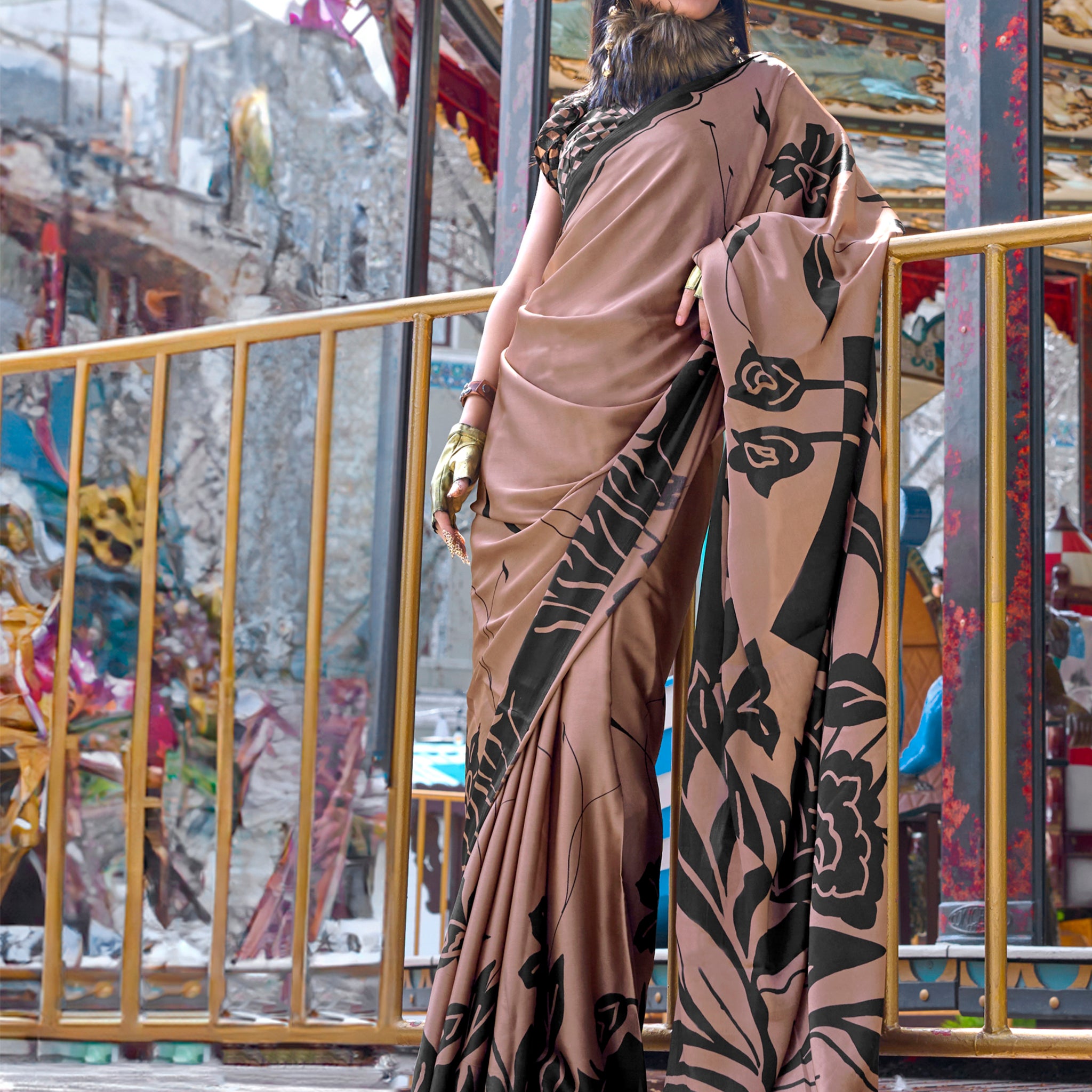 Incredible Brown Printed Satin Office Wear Saree With Blouse