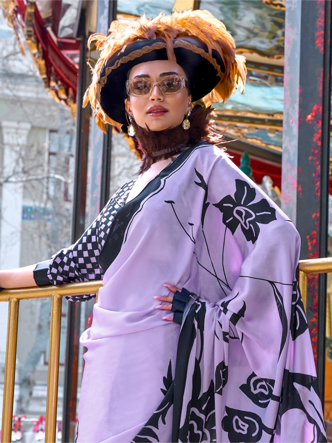 Awesome Baby Pink Printed Satin Event Wear Saree With Blouse