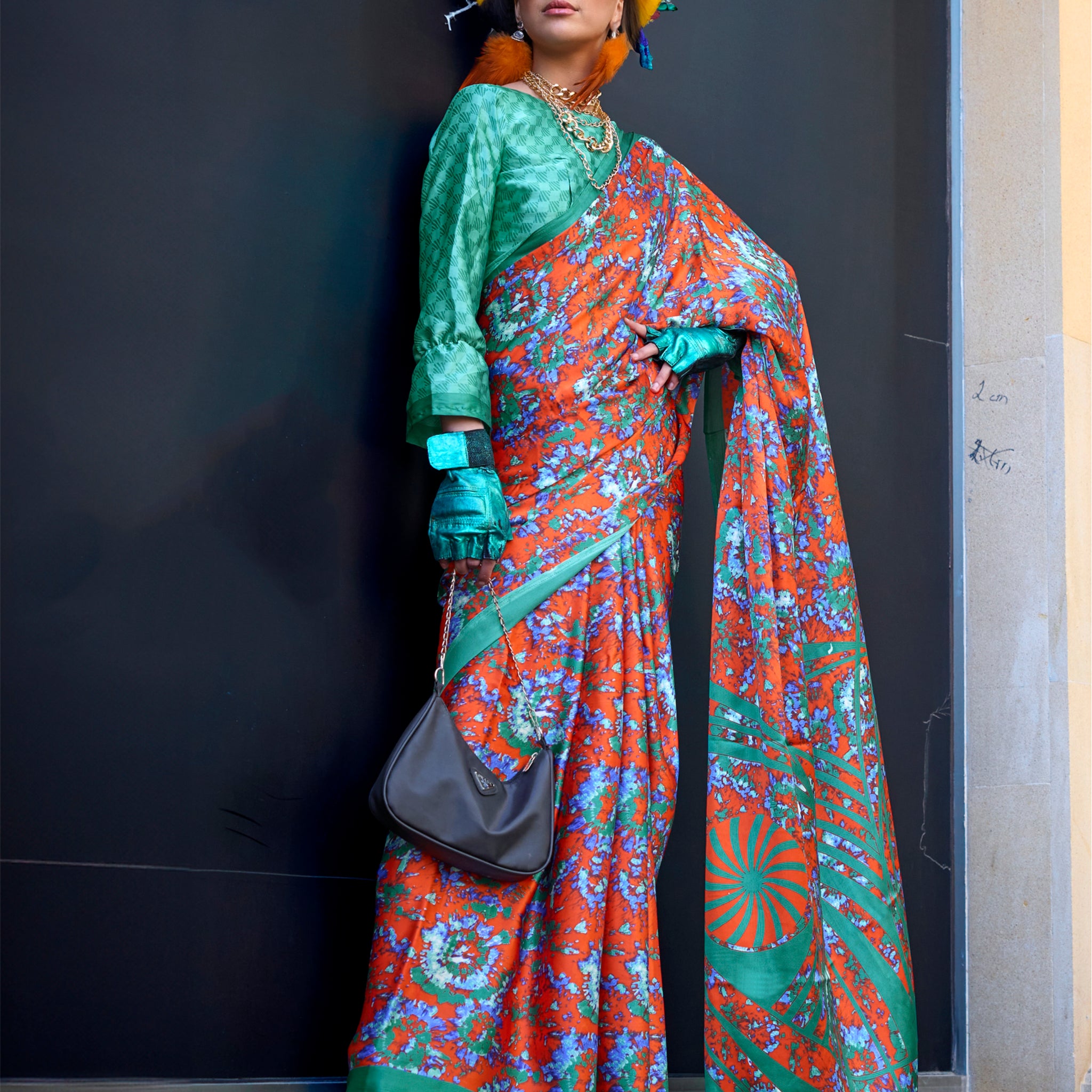 Wonderful Orange Printed Satin Festival Wear Saree With Blouse