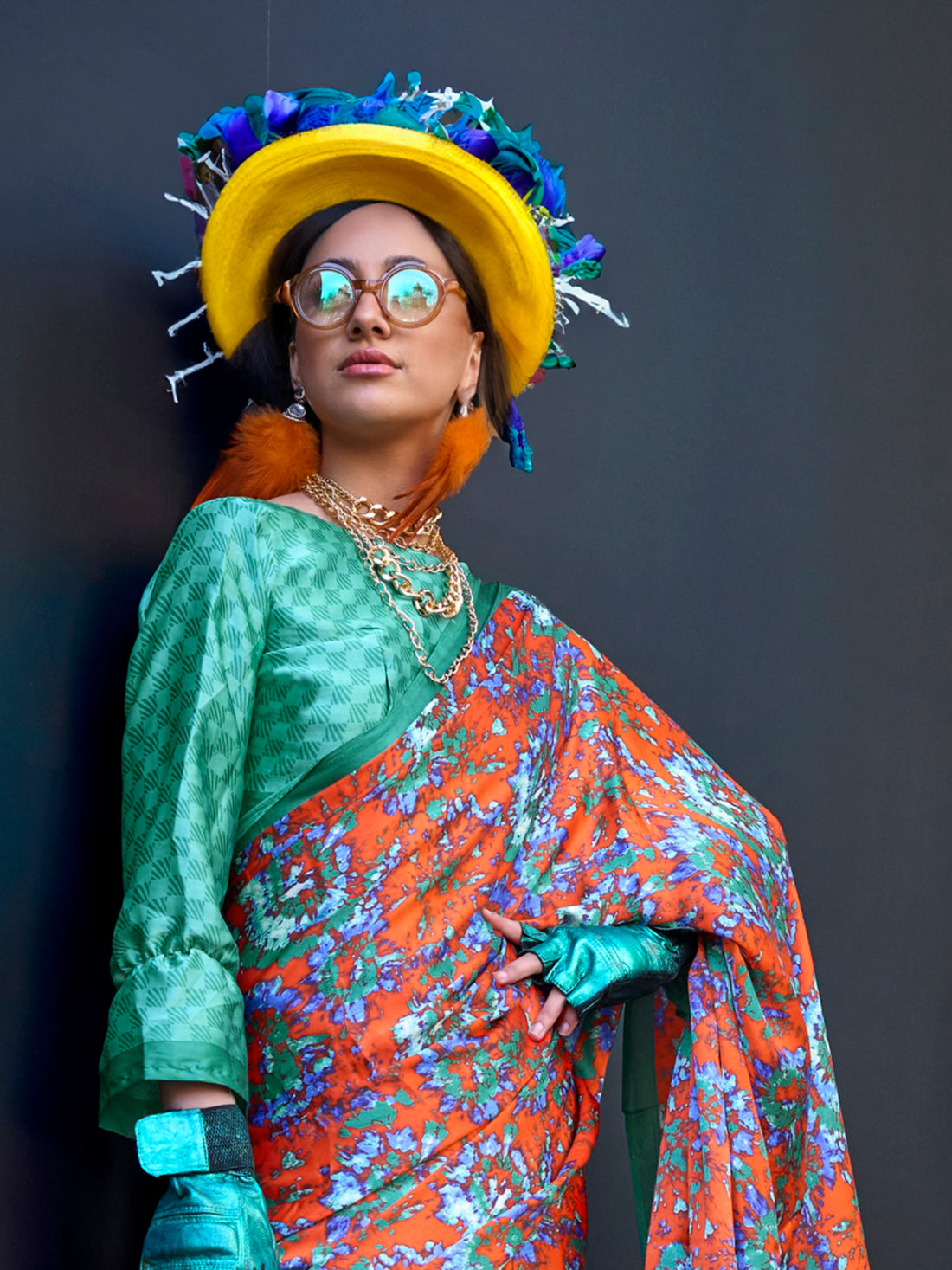 Wonderful Orange Printed Satin Festival Wear Saree With Blouse