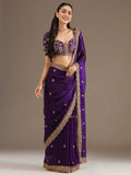 Elegant Purple Thread Work Tissue Wedding Wear Saree With Blouse