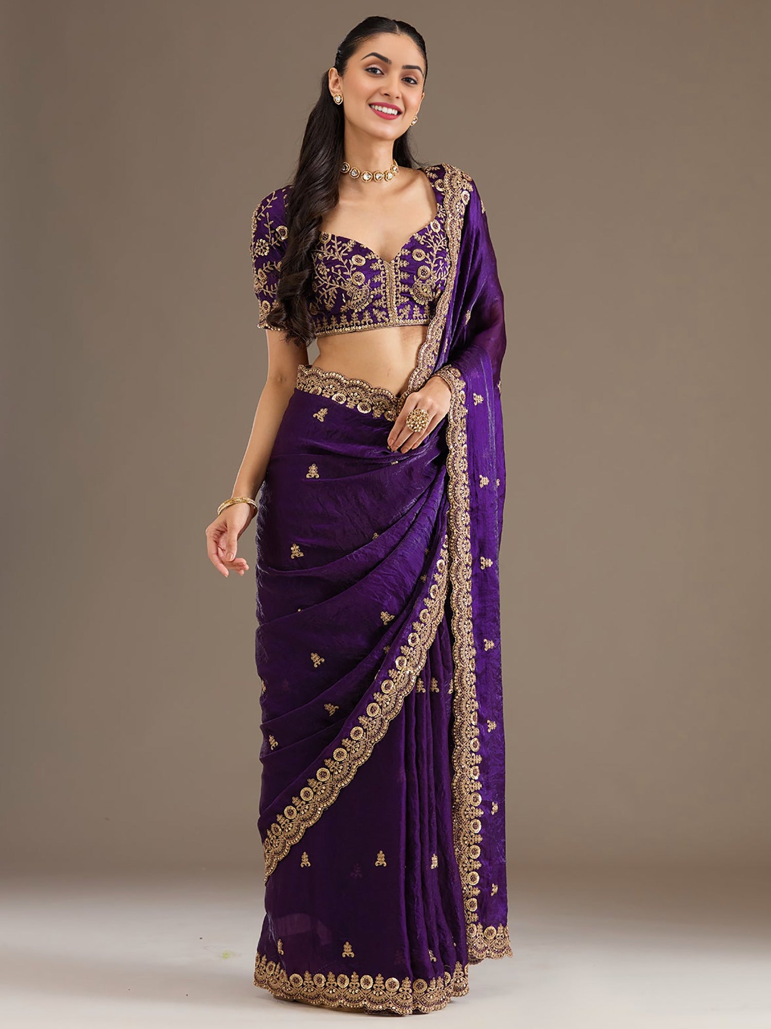 Elegant Purple Thread Work Tissue Wedding Wear Saree With Blouse