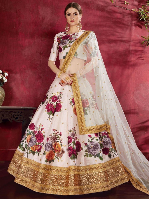 Off-White Floral Print Banglori Silk Wedding Wear Lehenga Choli
