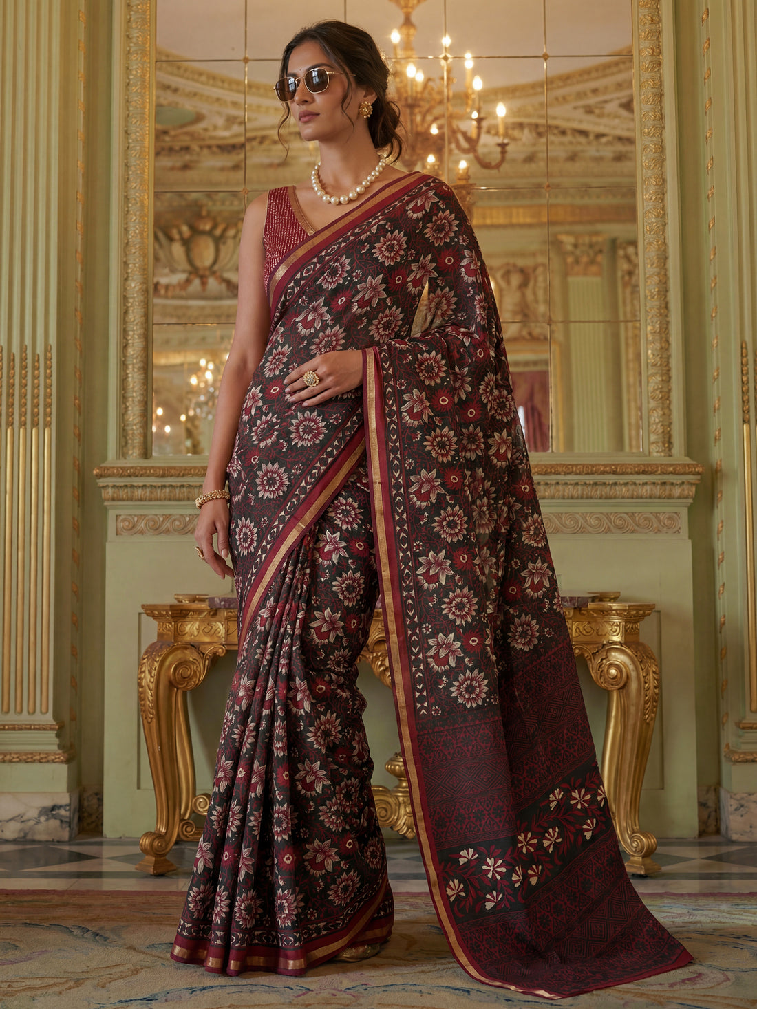 Gorgeous Black Floral Printed Silk Event Wear Saree With Blouse
