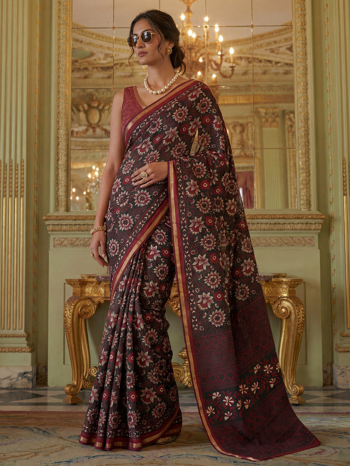 Gorgeous Black Floral Printed Silk Event Wear Saree With Blouse