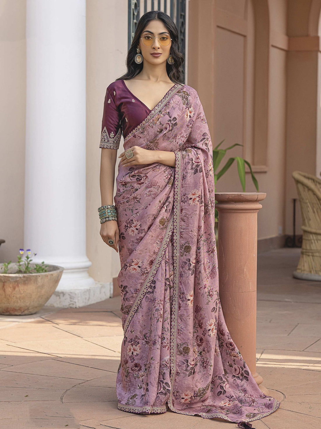 Mesmerizing Pink Floral Printed Silk Festive Wear Saree With Blouse