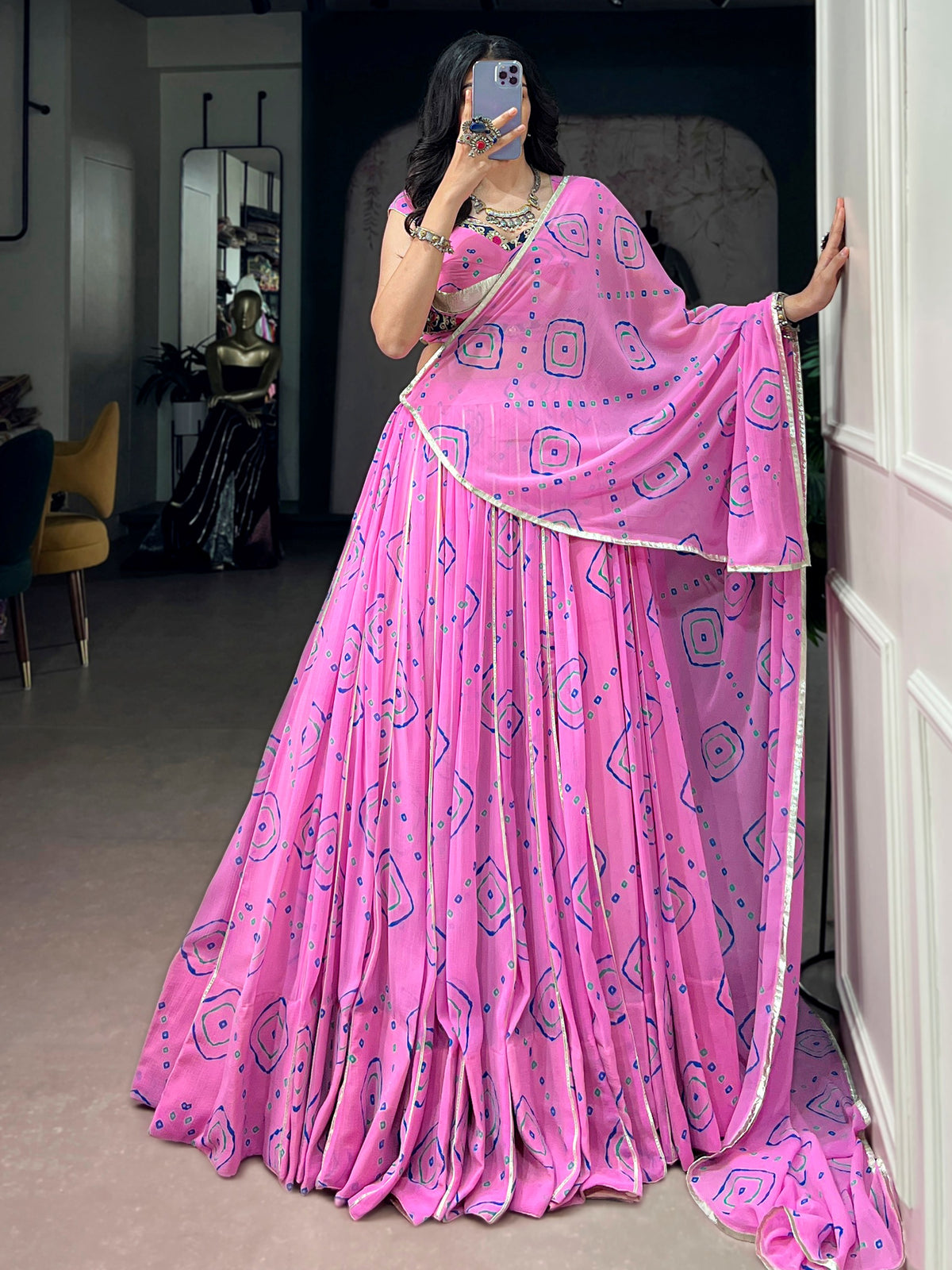 Charming Pink Bandhej Print Georgette Navratri Wear Lehenga Choli