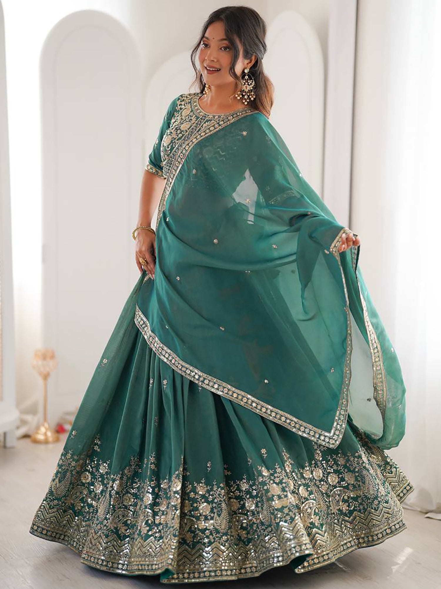 Enchanting Sea Green Sequins Silk Wedding Lehenga Choli With Dupatta