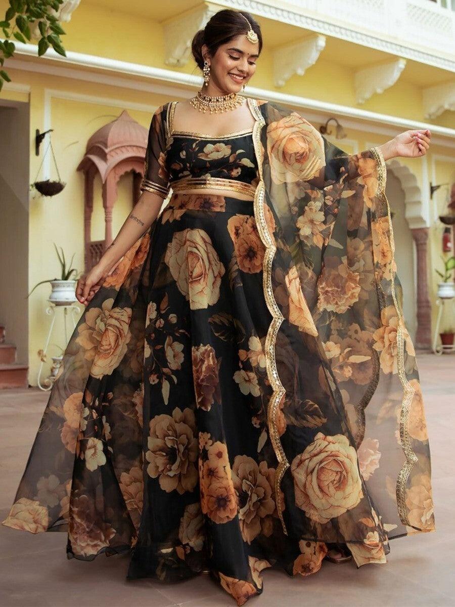 Entertaining Black Printed Semi Stitched Traditional Lehenga Choli