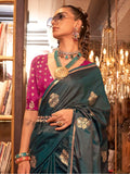 Fantastic Blue Zari Weaving Satin Event Wear Saree With Blouse
