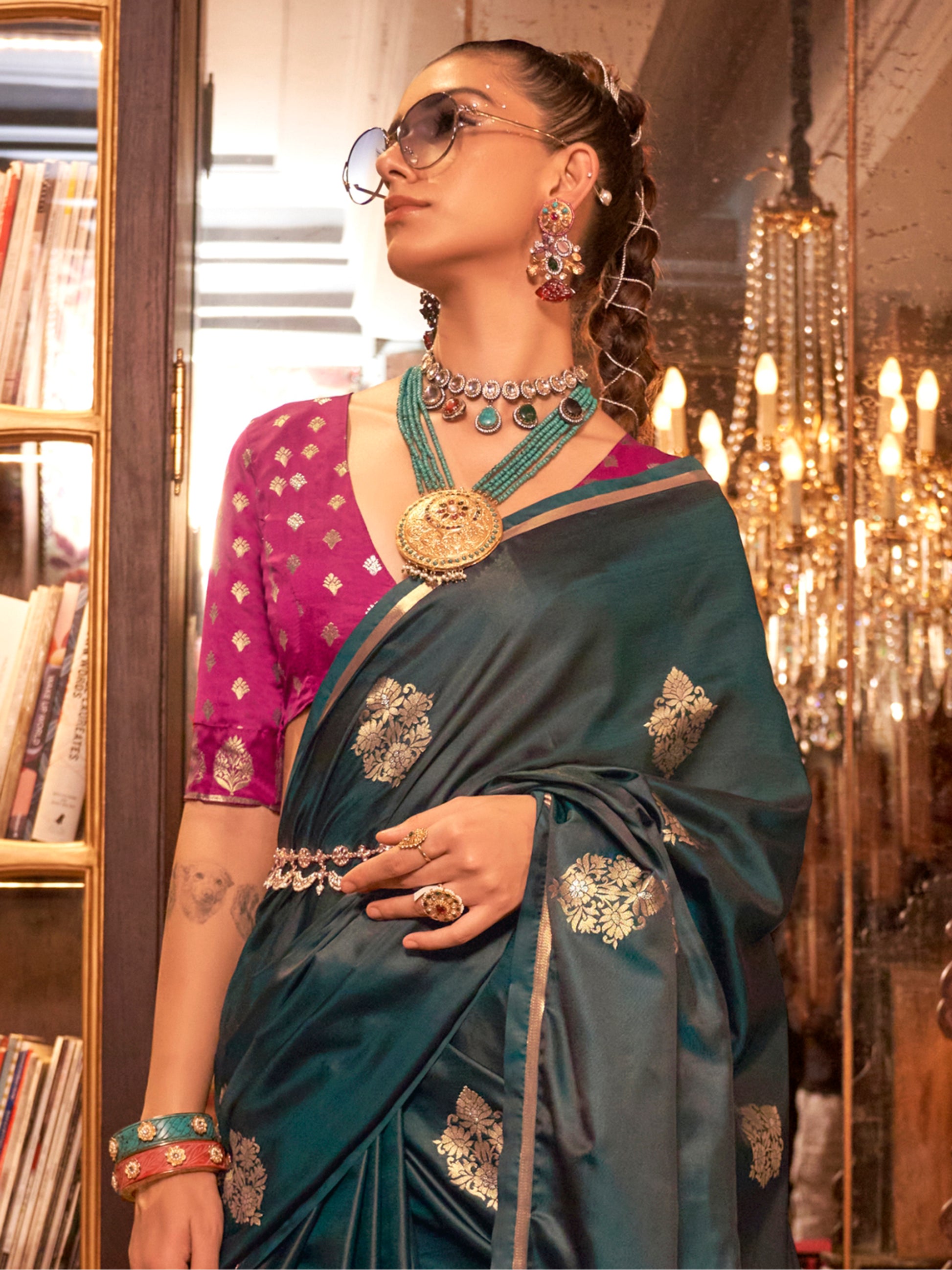 Fantastic Blue Zari Weaving Satin Event Wear Saree With Blouse
