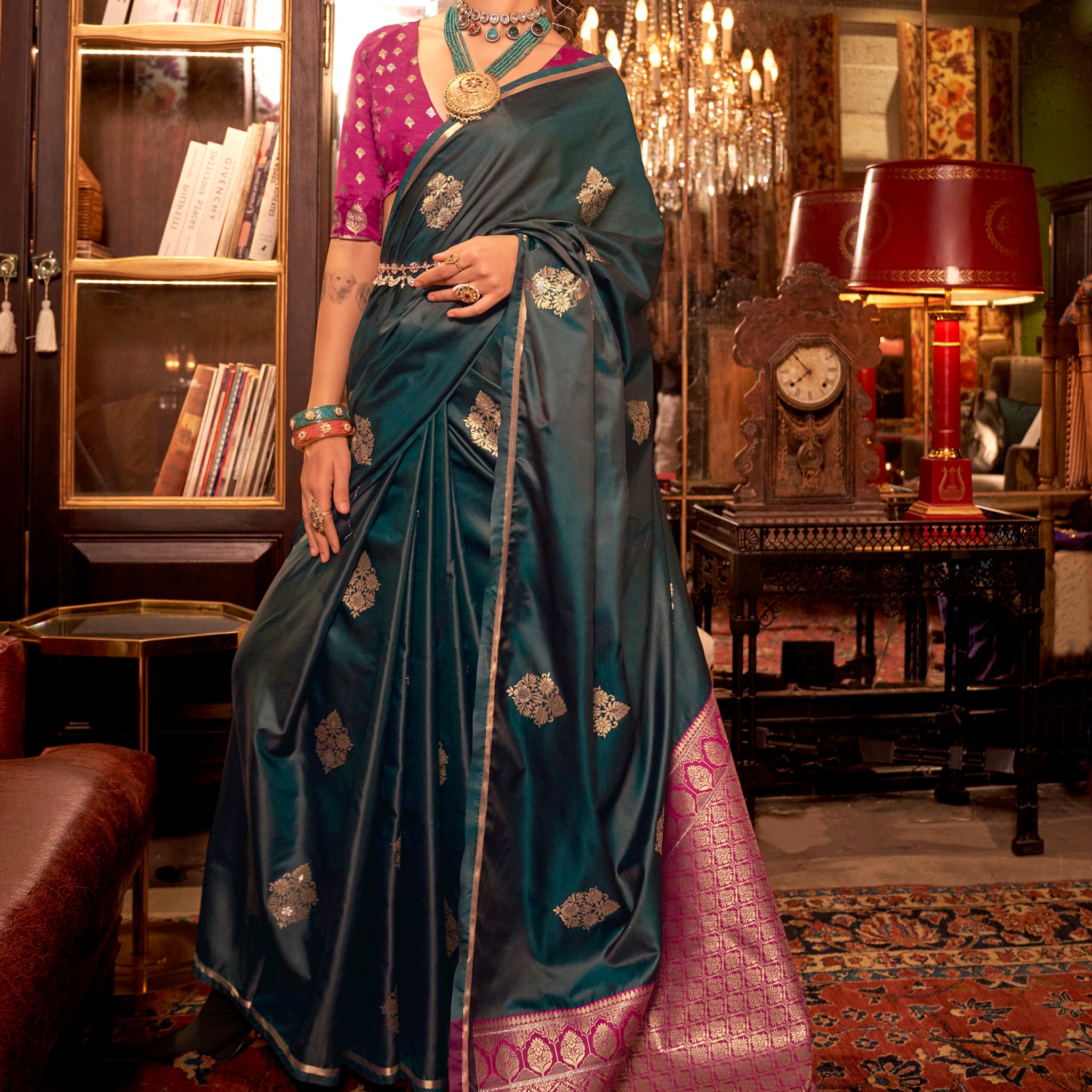 Fantastic Blue Zari Weaving Satin Event Wear Saree With Blouse