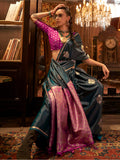 Fantastic Blue Zari Weaving Satin Event Wear Saree With Blouse