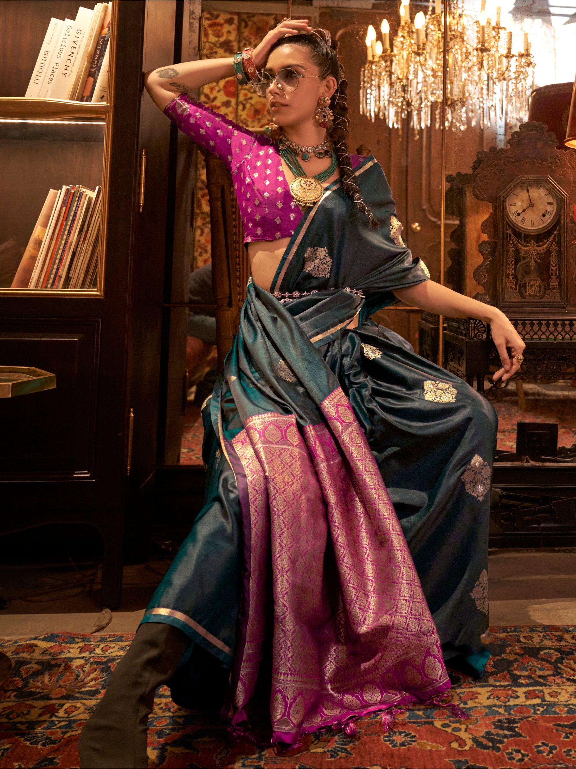 Fantastic Blue Zari Weaving Satin Event Wear Saree With Blouse
