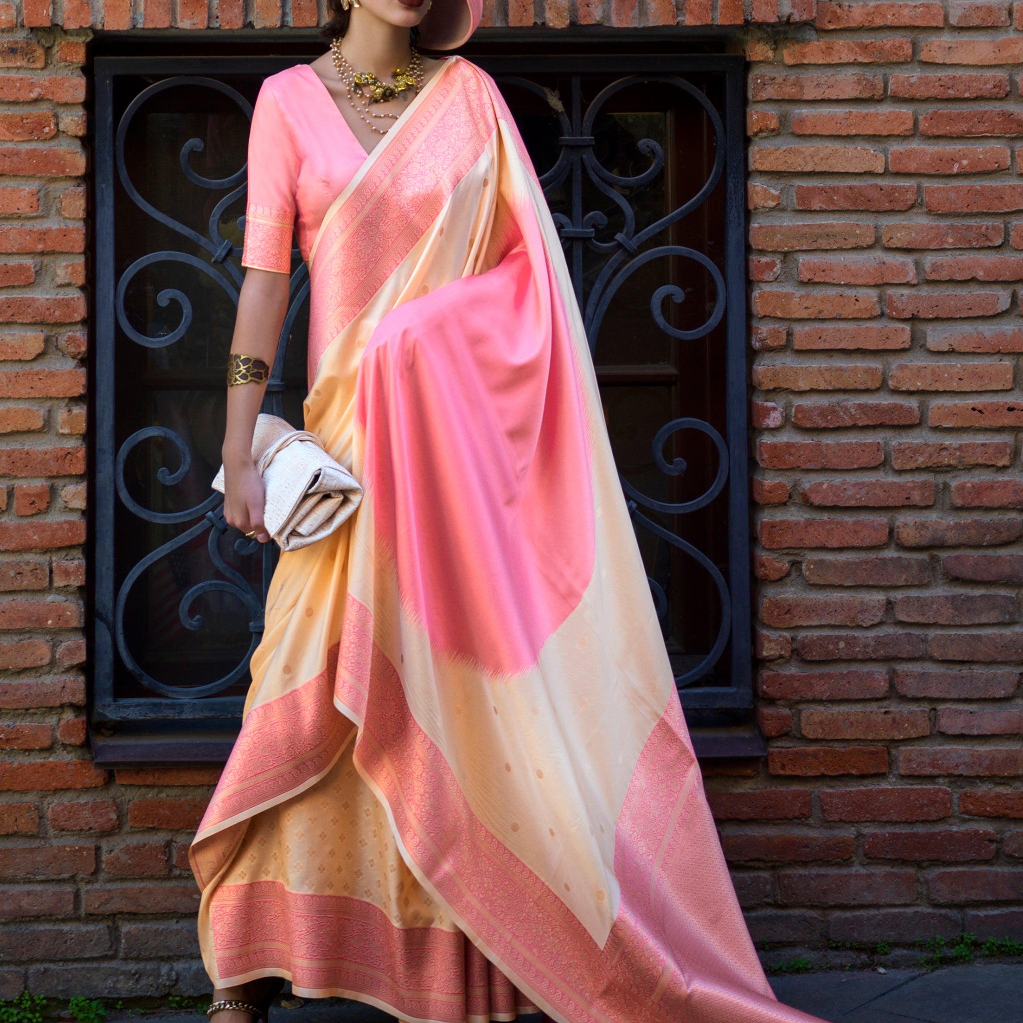 Bewitching Cream Weaving Silk Traditional Saree With Blouse