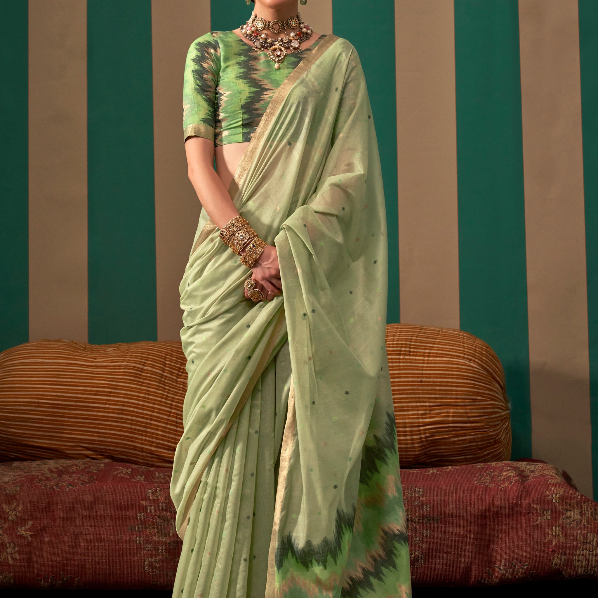Captivating Pista Green Zari Weaving Silk Festival Wear Saree With Blouse