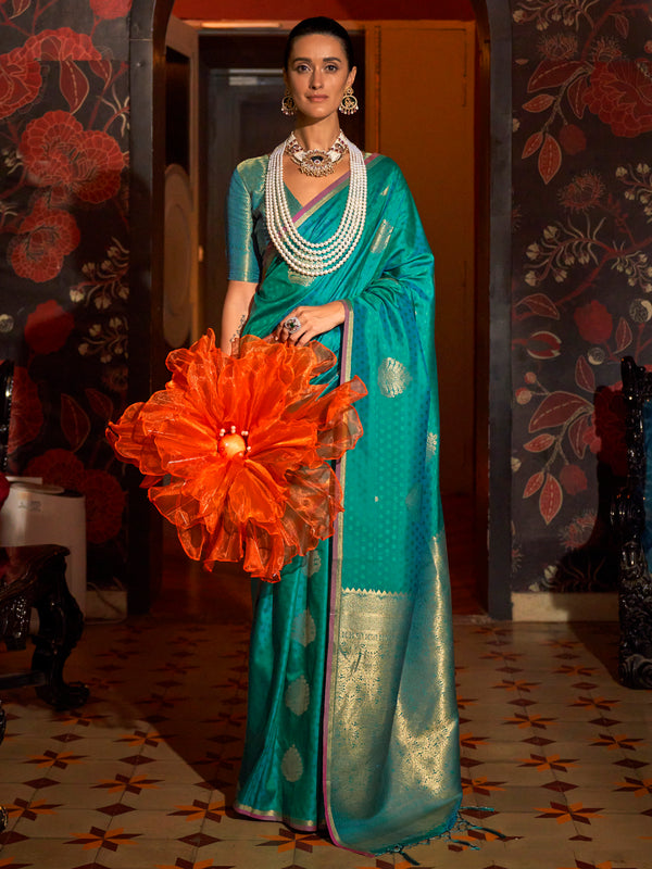 Gorgeous Teal Green Weaving Silk Festival Wear Saree With Blouse