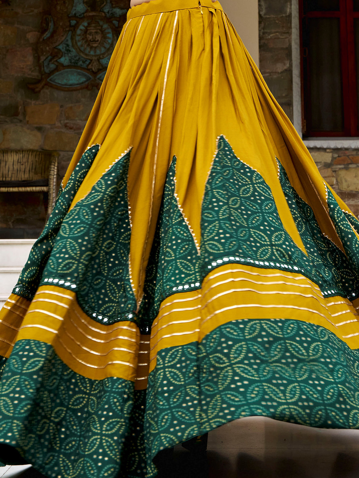 Amazing Mustard Yellow Printed Rayon Navratri Wear Lehenga Choli Set