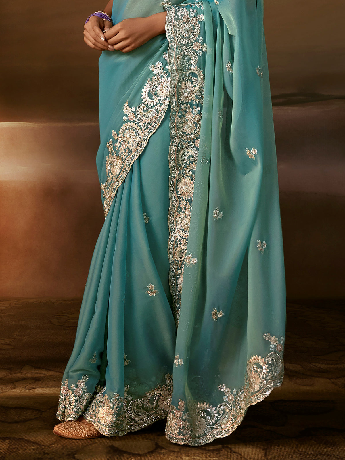 Exquisite Aqua Blue Aari Work Organza Wedding Wear Saree With Blouse