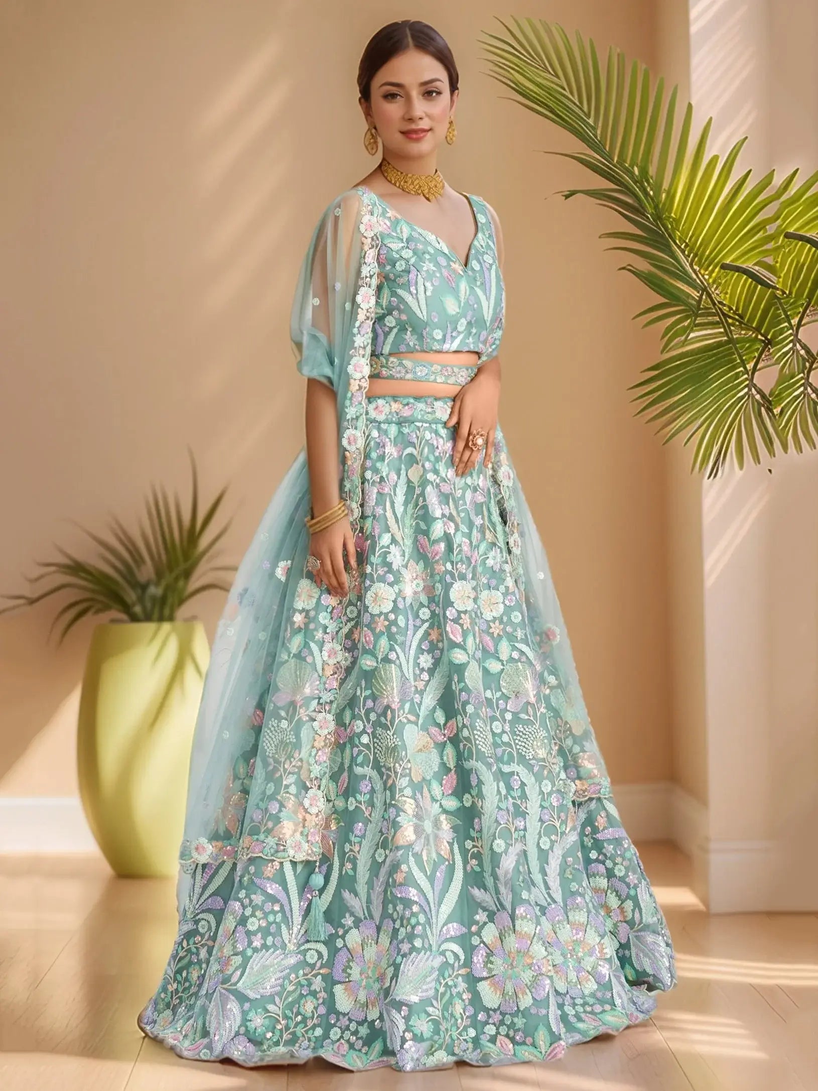 Lovely Sky Blue Sequins Work Net Bridesmaid Lehenga Choli With Dupatta