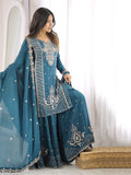 Beautiful Teal Blue Beads Work Silk Festive Wear Palazzo Suit