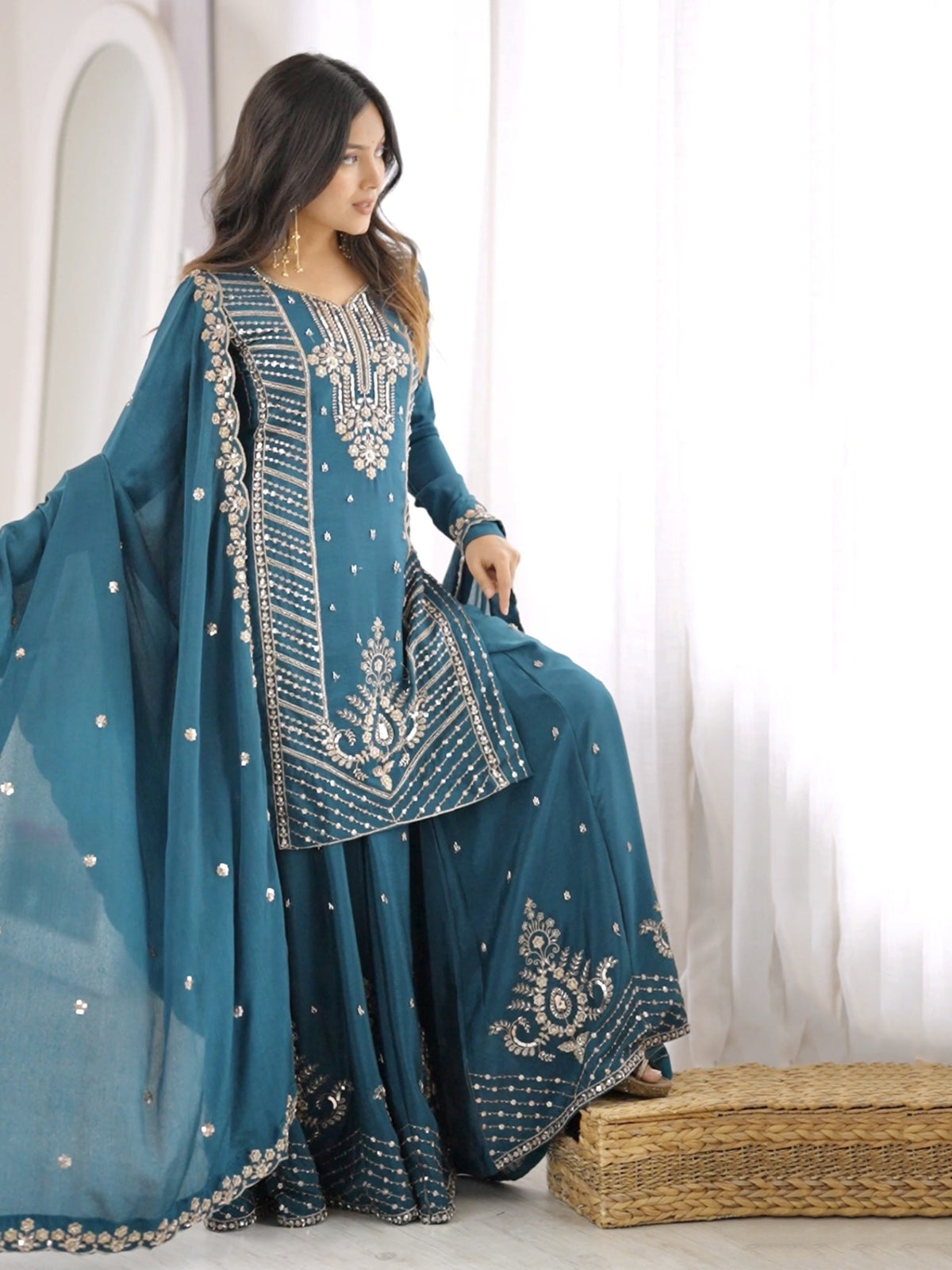 Beautiful Teal Blue Beads Work Silk Festive Wear Palazzo Suit