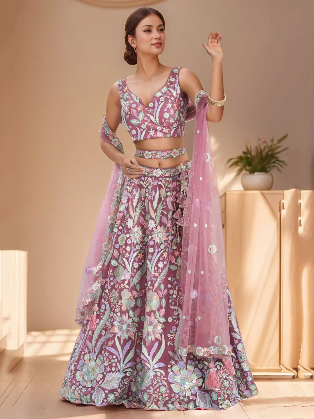 Astonishing Pink Sequins Embroidered Net Reception Wear Lehenga With Blouse